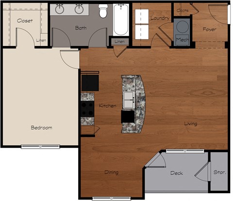 Floor plan for 1 bed, 1 bath, 895 sqft